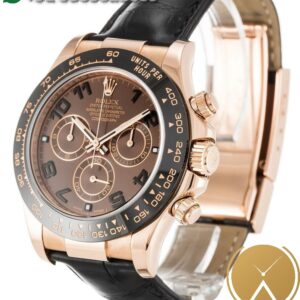 Men's Rolex Daytona watch with a chocolate dial and a rose gold case.
